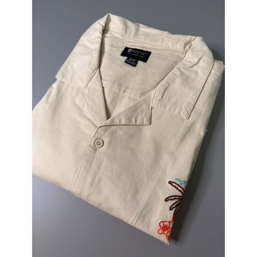 Matix Mens Short Sleeve Button Down Shirt XL Whitecap Cream Palm Tree Graphic